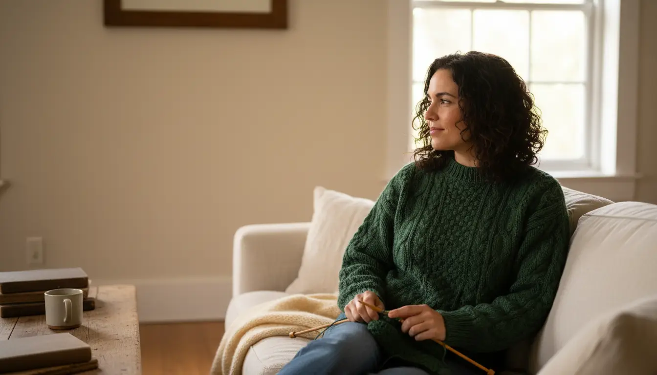 A woman sitting on a sofa wearing a vintage knit sweater